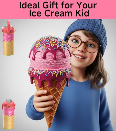 MYFOREST 14oz/400ml Insulated Kids Water Bottle, Odor-free Liner, 3D Touch | No Plastic Taste, Surgical Steel - No Chemical Leaching, Name Spot, Soft Sipper, Gift for Sweet Tooth, Strawberry Ice Cream - color: Strawberry Ice Cream