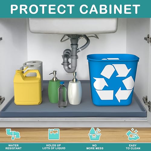 URMONA Waterproof Silicone Under Sink Mat 37'' x 22'' Shelf Liner for Kitchen and Bathroom, Cabinet and Counter Protector, Storage and Organizers, Litter Mat, Pet Cat Puppy Essentials(Dark Grey) - color: Dark Grey, size: 22"W x 37"L