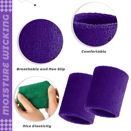 Bememo 24 Pcs Wrist Sweatbands Bulk Sports Wrist Bands for Men Women Breathable Athletic Tennis Wristbands Stretchy Absorbent Cotton Terry for Basketball, Baseball, Gym, Working Out - color: Purple