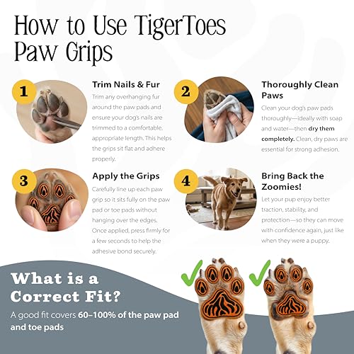 DOK TigerToes Premium Paw Grips for Senior Dogs, 40ct of Pre-Cut Anti Slip Dog Paw Pads for Hardwood Floors, Provides Traction for Slipping (40 Total Grips, Size Large) - size: Large