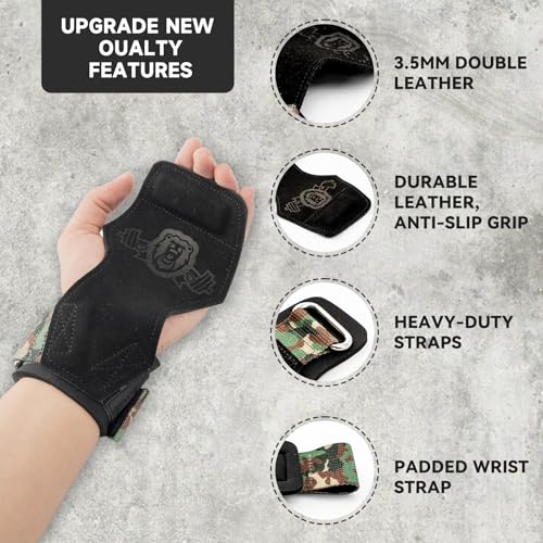 MANUEKLEAR Gym Straps Weight Lifting, Double Leather Lifting Straps for Men Deadlift with Cushion Wrist Loop, Gym Lifting Wrist Wraps for Weightlifting - color: One Size - Black/Camo