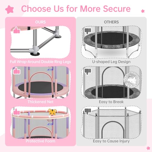 Full Wrap-Around Double Ring Legs 440lbsToddler Trampoline with Net,Trampoline for Kids - color: Pink, size: 60''