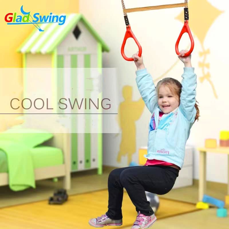 HUAWELL Swing Sets for Backyard, Monkey Bars & Swingset Accessories - Set - Wooden Trapeze Swing Bar Rings-Outdoor Play Equipment (Red)