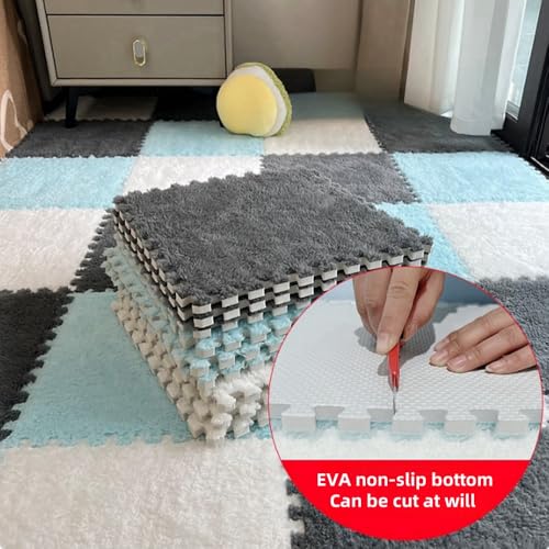 12pcs Carpet Squares Puzzle Floor Mat, Plush Interlocking Carpet Tiles, Anti Slip EVA Foam Jigsaw Floor Tiles, Build A Safe Area for Bedroom Playroom (Pink+White) - color: Pink+white