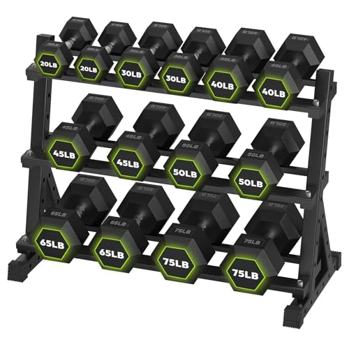 HANDBODE Rubber Coated Hex Dumbbell Set with Rack, 300-840 lb | Fixed Weights Sets with Heavy Duty Storage Stand, Multiple Weight Options Home Gym Equipment for Strength Training - style: 650 lb Set (20-75 lb) with Rack