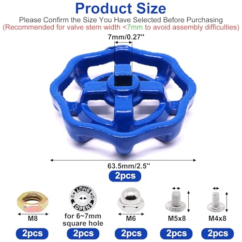 2 Pack Outdoor Faucet Handle Replacement, 7mm x 7mm Square Stem Hole Water Spigot Handle Replacement, Cast Iron Round Wheel Outside Faucet Handles with Screws Spacer (Blue) - color: Blue, size: 7mm x 7mm (2pcs)