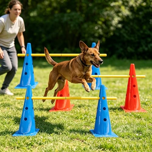 TNZMART Agility Hurdles Dog Jumps and Weave Poles Training Equipment Set Adjustable Dog Cones Obstacle Course for Backyard Portable Canine Exercise Kit with Carry Bag (Mix 4, 19 in) - size: 19 in