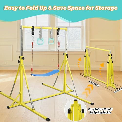 FC FUNCHEER Foldable Gymnastics Bar,5FT Horizontal bar,Adjustable Kids Training bar for Kids Ages 3-15,Kids Gymnastics bar,Triangle Stable Structure-Gym Equipment for Home - color: Bright yellow, style: Bar-Swing-Rings