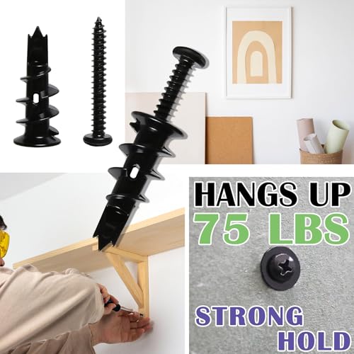 100Pcs #8 Self Drilling Black Metal Drywall Anchor and Screws kit | 50 Heavy Duty Sheetrock Anchors, 50 1-1/4'' Flat Head Screw-Hold 75lbs for Drywall/Plaster/Hollow Door Wall Hanging/ Mounting - size: 50 pack, style: Black Anchors