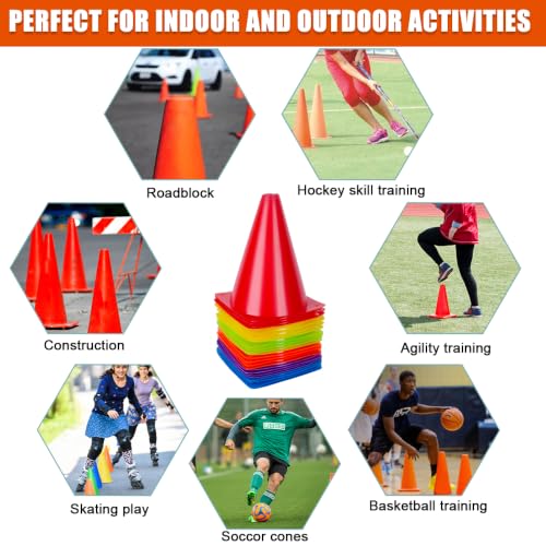 7 Inch Soccer Cones, 24 Pack Cones Sports Training Agility Field Marker Plastic Cones for Skating Basketball Football Practice Drills, Indoor Outdoor Activity Events Games Obstacle Course - 6 Colors