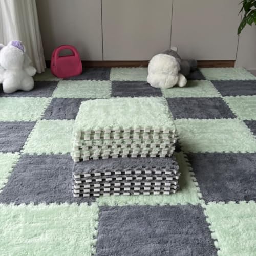 12Pcs Plush Foam Floor Mat,Plush Interlocking Carpet Tiles,Anti-Slip Square Puzzle Floor Mat,EVA Foam Area Rugs for Bedroom Playroom (Green+Grey) - color: Green+grey