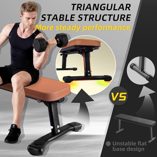 Flat Weight Bench, 2.4 Inch Thick Pad Workout Bench 660 LBS Bench Press Exercise Equipment for Home Gym Strength Weight Training - color: Brown, size: 43 in Foldable