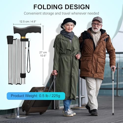 supregear Folding Cane, Lightweight 5-Level Adjustable Walking Stick with Wrist Strap and T-Handle, Portable Mobility Aid for Elderly and Disabled Men and Women - color: Silver