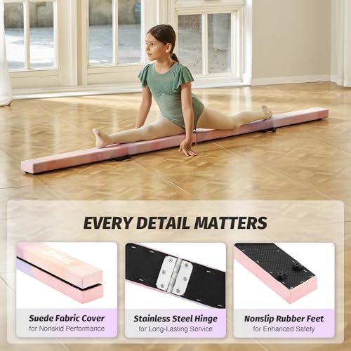 ZELUS 8' Folding Gymnastics Balance Beam, Floor Balance Beam w/Carry Handles Anti-Slip Base for Kids, Beginners & Professional Gymnasts - color: PinkPurple