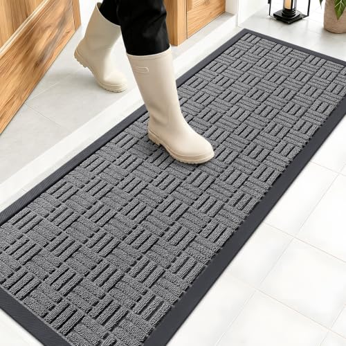 OLANLY Front Door Mat Outside Entrance 47x17, Absorbent, Heavy Duty Sturdy Natural Rubber Doormat Indoor Outdoor, Stain and Fade Resistant, Non-Slip Backing Low Profile Floor Mat for Entryway, Grey - color: Grey, size: 47" X 17"