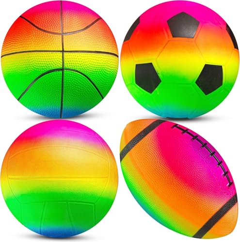 PlayBolt Sports Ball Set (4 Pack) - 5-Inch Rainbow Mini Basketball, Soccer, Football & Playground Balls w/Hand Pump - Fun Indoor Outdoor Toys for Toddlers, Little Kids, Preschoolers & Early Play - color: Rainbow, size: 5-Inch
