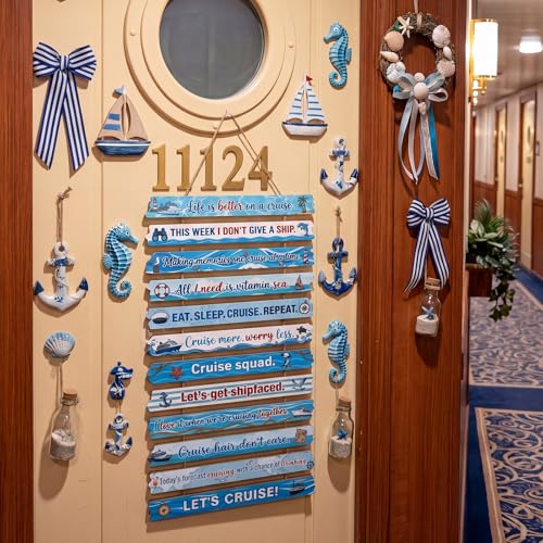 Thinkday Wooden Cruise Door Decorations Hanging Sign Large Ship Decor Banner Funny Boat Anchor Nautical Cabin Door Decor for Cruise Funny Travel Vacation Sign Accessories - color: Blue, style: Cruise Ship
