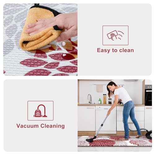 Anti Fatigue Kitchen Mats for Floor 2PCS,17"x47"+17"x29" Farmhouse Dahlia Kitchen Rugs Non Slip Rubber Backing,Waterproof Cushioned Standing Mat for Office,Laundry,Sink,Desk,Red - color: Red, size: 17.3" x 47 "+ 17.3" x 29 "--0.47 inches