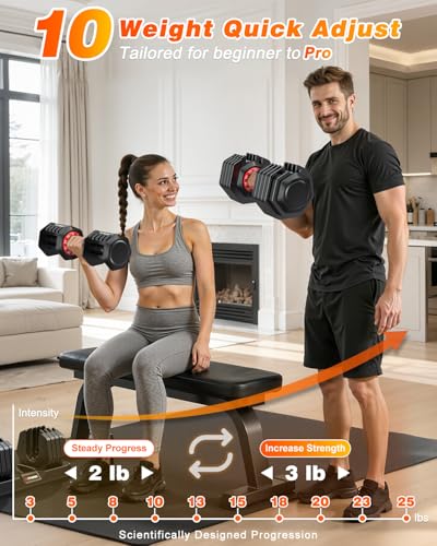 XDDIAS Adjustable Dumbbell Set for Home Gym Workout | 25 to 90 lbs, non-slip knurled grip, compact storage, one-hand adjustable - size: 25LB Pair