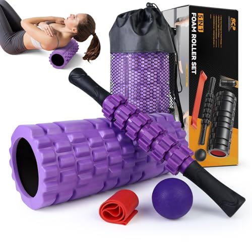5 in 1 Foam Roller Set for Deep Tissue Muscle Massage, High Density Trigger Point Fitness Patented Exercise Foam Roller, Massage Roller, Massage Ball, Resistance Band, for Whole Body(Purple) - color: Purple