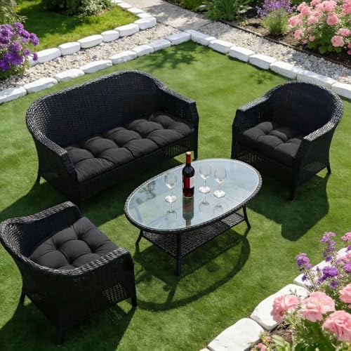 Wicker Chair Cushions of 3 Pieces, Waterproof Cushions for Patio Furniture, Tufted Wicker Outdoor Furniture Cushions, 1 Patio Loveseat Cushion and 2 U-Shaped Cushions, 44"x19"x5", Black - color: Black