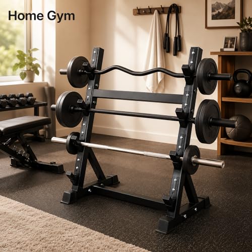 Barbell Storage Rack for Home Gym, 4-Tier EZ Curl Bar Stand with Steel Frame, Workout Bar Holder Organizer for Garage Gym Fitness Room Equipment