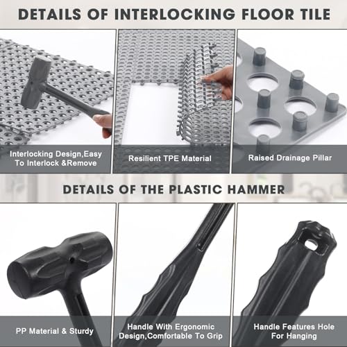 Drydiet 8 Pack Drainage Tiles Modular Interlocking Floor Tiles with 1 Pc Plastic Hammer 12" x 12" Cushion Mat Non Slip Rubber Floor mat with Holes for Pool Bathroom Deck Kitchen Patio (Gray) - color: Grey