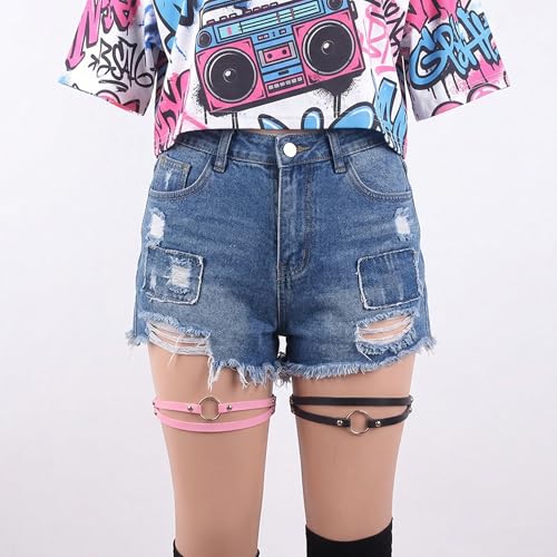 Adjustable Elastice 2 Rows Leather Leg Harness Garter Belt Punk Gothic Thigh Ring Garter - color: 2 Pcs Pink Small Ring