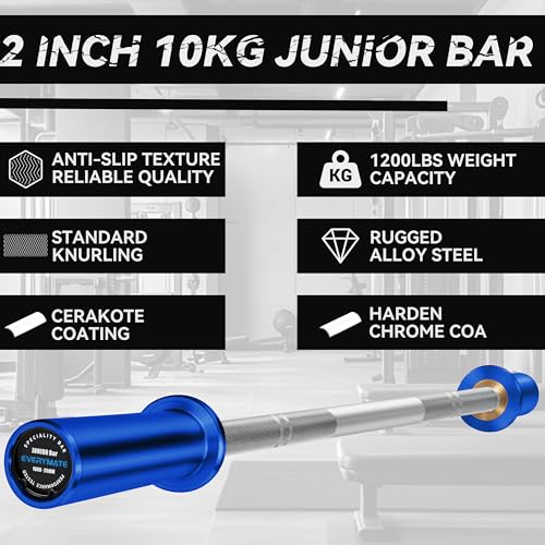 EVERYMATE 5LB Mini Barbell Bar Beginner Women Kid Barbell Total Body Workout Weighted Bar,for Strength Training, for Youth Children New Weightlifting - color: Blue Sleeves Sliver Bar, size: 10KG Junior Barbell