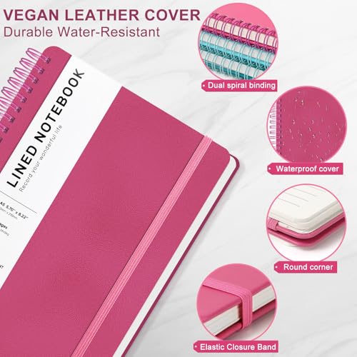 Lined Spiral Journal Notebook with 160 Pages, 8×5.7in, A5 Spiral Notebook, Journaling Notebooks for Work, School, Women, Men, College Ruled Spiral Notebook, Hardcover Leather Journals, Deeppink - color: Raspberry White, size: A5