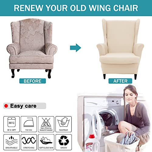 NILUOH Wingback Chair Cover 2-Piece Soft Stretch Wing Chair Slipcover Solid Color Armchair Sofa Couch Cover Furniture Protector with Elastic Bottom for Living Room Bedroom (Off-White) - color: Off-white