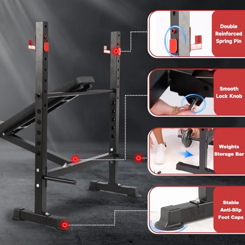 MAIDOMA 1500LBS Foldable 8 IN 1 Weight Bench Set, Adjustable Flat Incline Decline Bench Press with Upgraded Wide Squat Rack and Leg Extension for Full Body Home Gym Workout (US Stock) - color: Dull Black