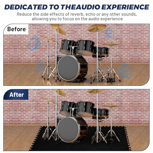Focusound 20Pcs Sound Absorbing Interlocking Drum Rug, 11.8 x 11.8 x 0.4 inches High Density Soundproof Floor Mats, Non-Slip Anti Vibration Piano Carpet Drum Mat for Music Studio, Black - color: Black