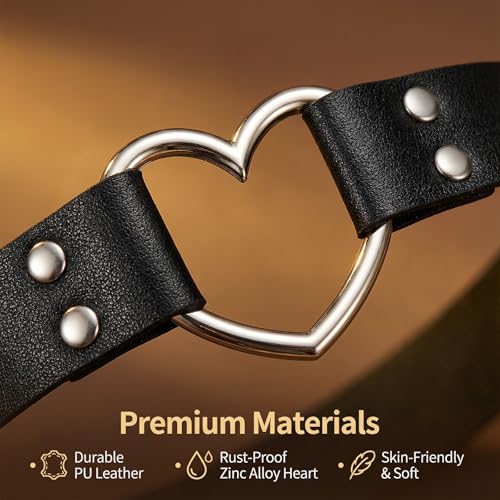 2Pcs Leather Thigh Garter, Adjustable Black Thigh Straps, PU Leather Heart Garter Belt for Women, Elastic Leg Ring Garters for Cosplay Parties Music Festival