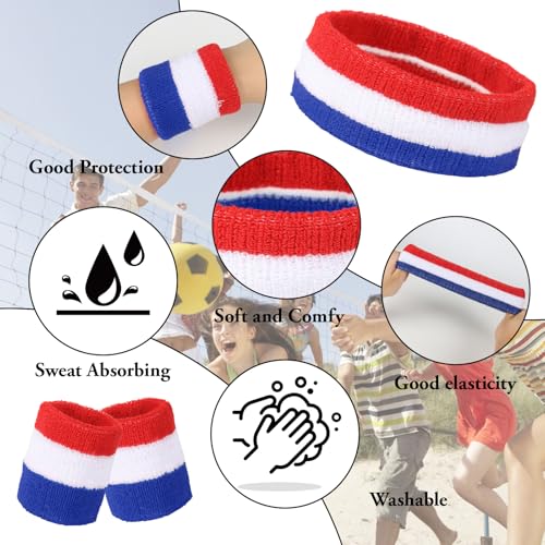 36 Pcs Wrist Sweatband Set Sports Headband Wristband Set for Men Women Party Sports Cotton Headbands Athletic Sweat Bands for Tennis Football Gym Workingout Accessories - color: Red White Blue Strip
