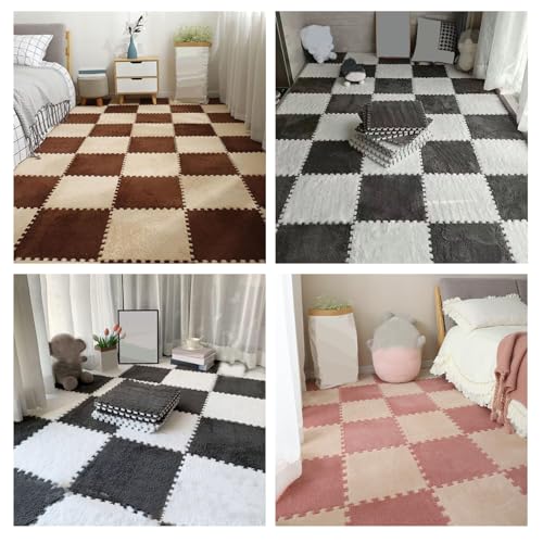 Thickened Soft Plush Foam Interlocking Floor Carpet Mat, 24 Pcs 12x12x0.4 Inch Fluffy Square Puzzle Foam Carpet Tiles with Edgings(Color:Apricot) - color: Apricot