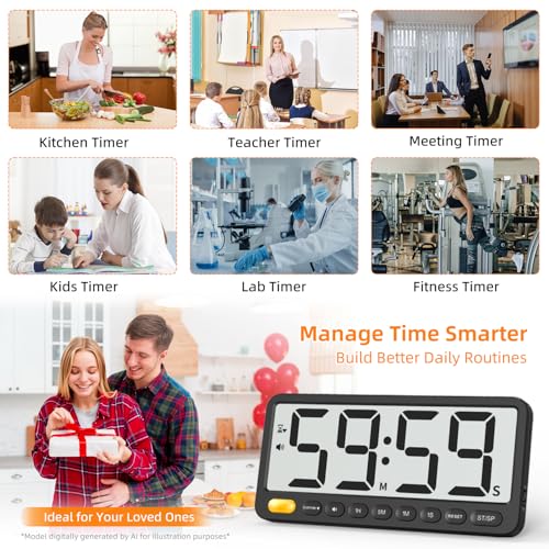 VOCOO Digital Kitchen Timer: 7.6'' Extra Large LCD Display, 99H Countdown, Magnetic, 4 Volume Levels, Visual Light Alert, Battery Operated Count-Up Stopwatch for Cooking, Home Gym, Classroom (Black)