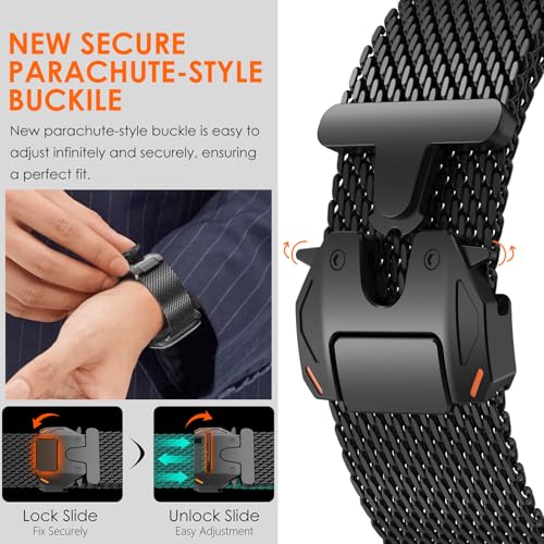 WINGLE Milanese Loop for Apple Watch Band Ultra 3/2/1 Band Ultra 49mm Series 11 10 46mm 45mm 44mm SE 3/2/1 Series 9 8 7 6 5 4 3 Men Women,Parachute-Style Buckle Stainless Steel Mesh Metal iWatch Bands - color: Black