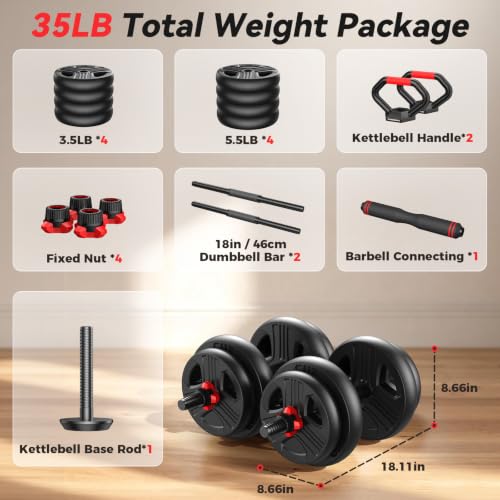 FITPLAM Adjustable dumbbell set,20/35/45/55/70/90lbs Free Weights set with upgraded nut, 5 in 1 Weight Set Used as Kettlebells, Barbell, Push up Stand, Fitness Exercise for Home Gym Suitable Men/Women - style: 35LB Total (17.5LB Each)