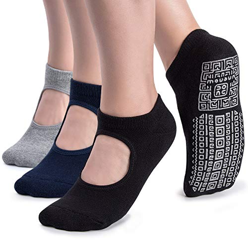 unenow Non Slip Grip Yoga Socks for Women with Cushion for Pilates, Barre, Home - color: 3 Pairs-black/Navy/Grey