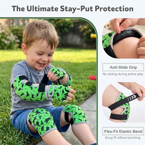 Soft Toddler Knee Pads and Elbow Pads Set with Bike Gloves | Non-Slip Toddler Knee Pads for Boys Girls 2-4 Years, Breathable Kids Protective Gear for Balance Bike, Scooter, Bicycle - color: Green