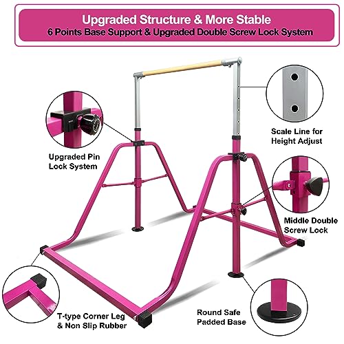 Foldable & Moveable Gymnastics Horizontal Bar with Rings,3’to 5’Adjustable Height Expandable Junior Kip Bar for Home,Indoor Gym Equipment for Kids - style: Foldable Pink with Rings