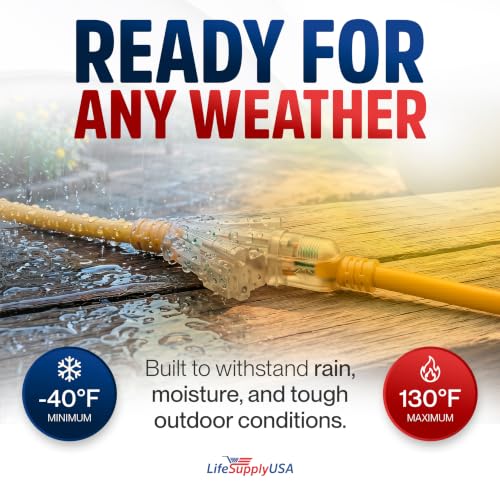 25ft Outdoor/Indoor Extension Cord 3-Outlet 12/3 Gauge Extra Heavy Duty 3 Prong SJTW, Waterproof, Flexible Cold-Resistant Long Power Cord,15A 125V 1875W, Yellow by LifeSupplyUSA - color: Yellow, size: 25FT