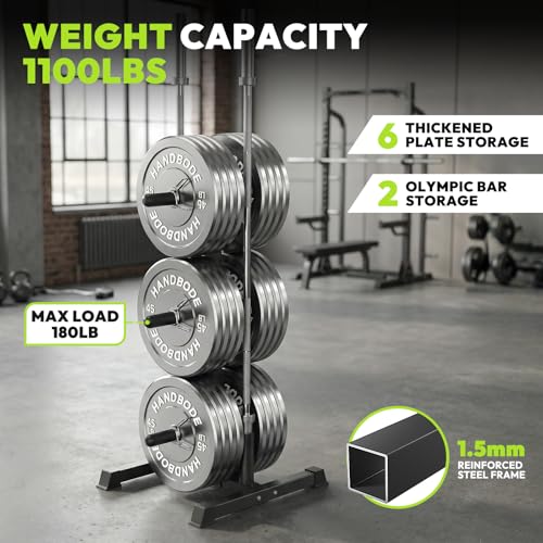 HANDBODE Weight Plate Rack with Barbell Storage, 1100 lbs Capacity | 6-Peg Vertical Holder for 1- or 2-Inch Plates, Heavy-Duty Organizer for Home Gym - style: 160 LB - Set with Rack