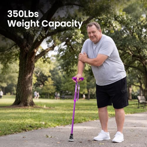 FORCEMECH GlowGuard Foldable Walking Cane for Men & Women, Adjustable Heavy Duty Cane with Glow Tip & Extra-Wide Tip - color: Gloss Purple
