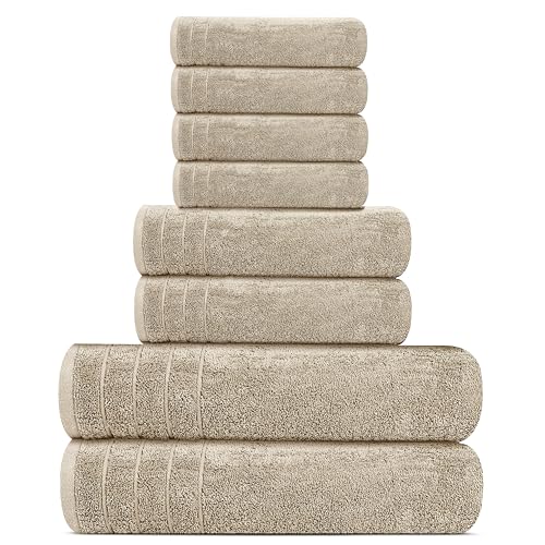 Tens Towels Pack of 8 Towels Set, 2 Extra Large Bath, 2 Hand, 4 Washcloths, 100% Cotton, Lighter Weight, Quicker to Dry, Super Absorbent, Perfect for Bathroom, Beige - color: Beige