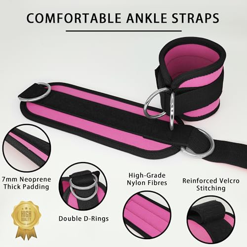 Fitness Ankle Straps for Cable Machines, 2 Pack Comfortable Adjustable Padded Ankle Wrist Cuffs, Kickback Glute Workouts for Men Women, D-Ring Leg Straps with Neoprene Padding - color: y-black-rose