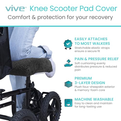 Vive Mobility Knee Scooter Pad Cover - Soft Plush Adult Sheepskin Memory Foam Cushion, Walker Accessory for Knee Roller, Padded Accessories Leg Cart Improves Comfort with Injury, Universal Fit (Black) - color: Black