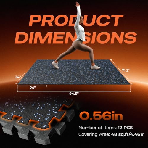 SUPERJARE 0.56'' Thick 12 Pcs 48 Sq Ft Rubber Top Exercise Equipment Mats, High Density EVA Foam Mats with Rubber Top, Interlocking Gym Flooring for Home Gym, Protective Workout Mat, Black/Blue - size: 12 Tiles (48 Sq Ft)