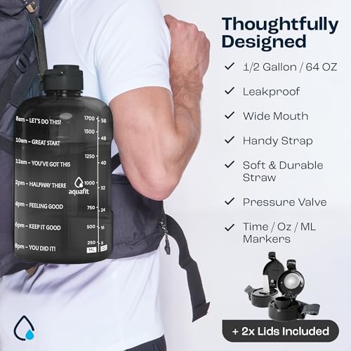 AQUAFIT Half Gallon Water Bottle with Time Marker - Straw & Chug Lid - BPA Free Gym Water Bottle with Straw - Big Gallon Jug (Clarity, 64 oz - 2 Lids) | BPA Free 64 oz Water Bottle with Straw and Chug Lids - Leakproof Gym Water Bottle with Carry Handle (C